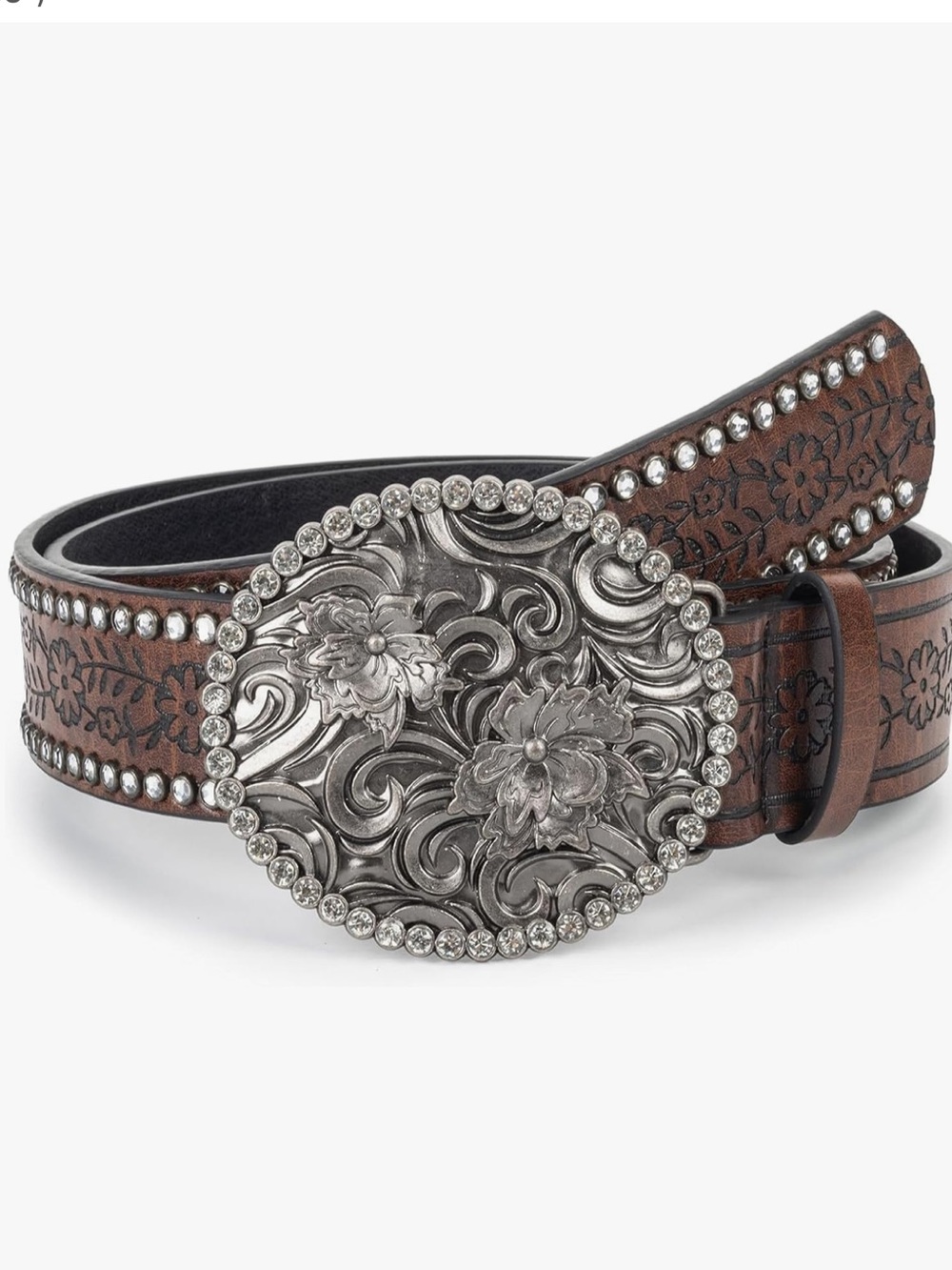 Western Tooled Brown Leather Belt with Decorative Silver Buckle and Rhinestones